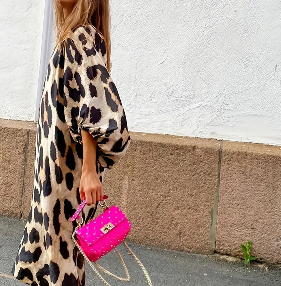 Dresses Leopard Print Lantern Sleeve V NeckLong Dress - Picture 2 of 4